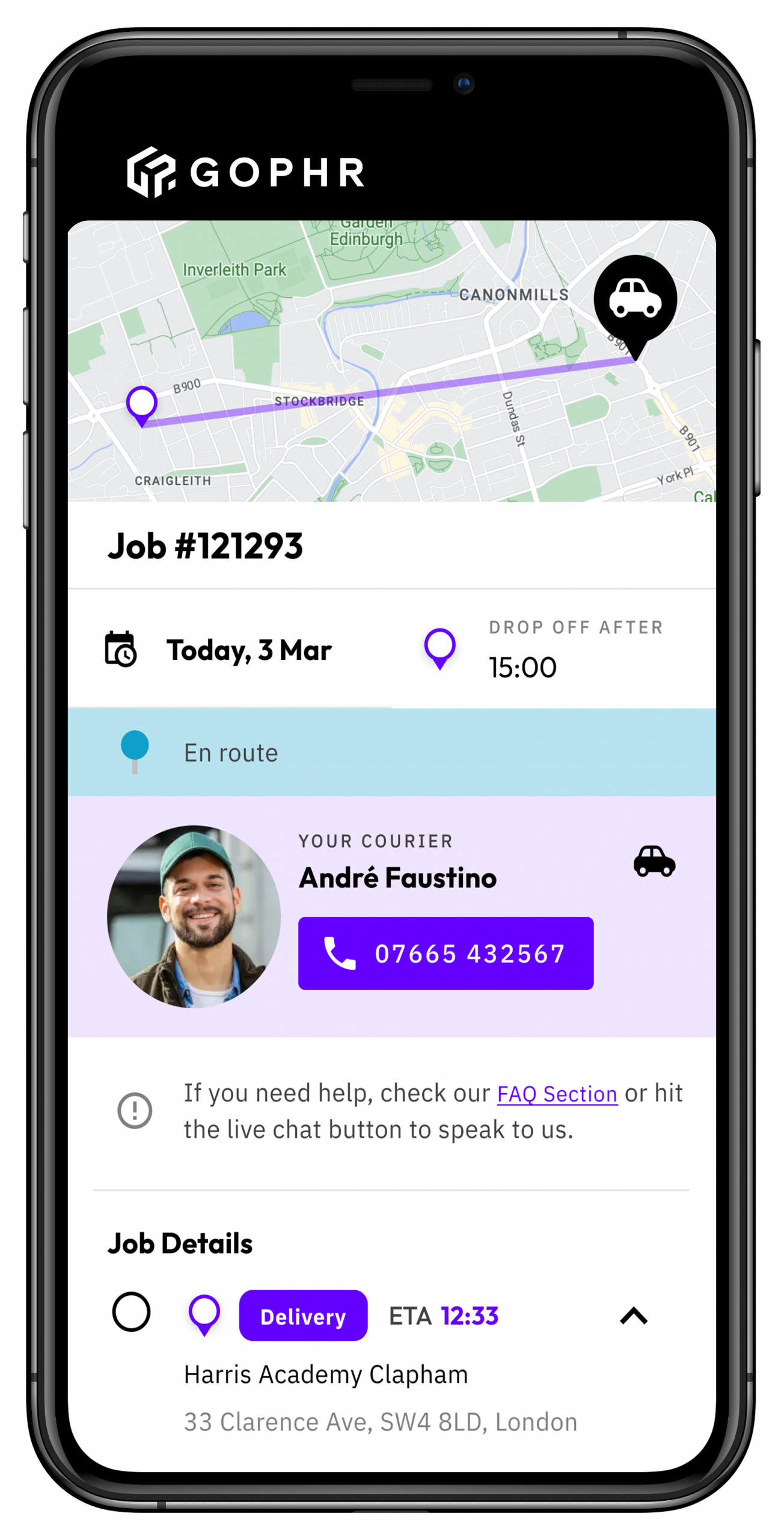 Gophr live tracking on a phone &mdash; map, job ID, ETA and courier contact details