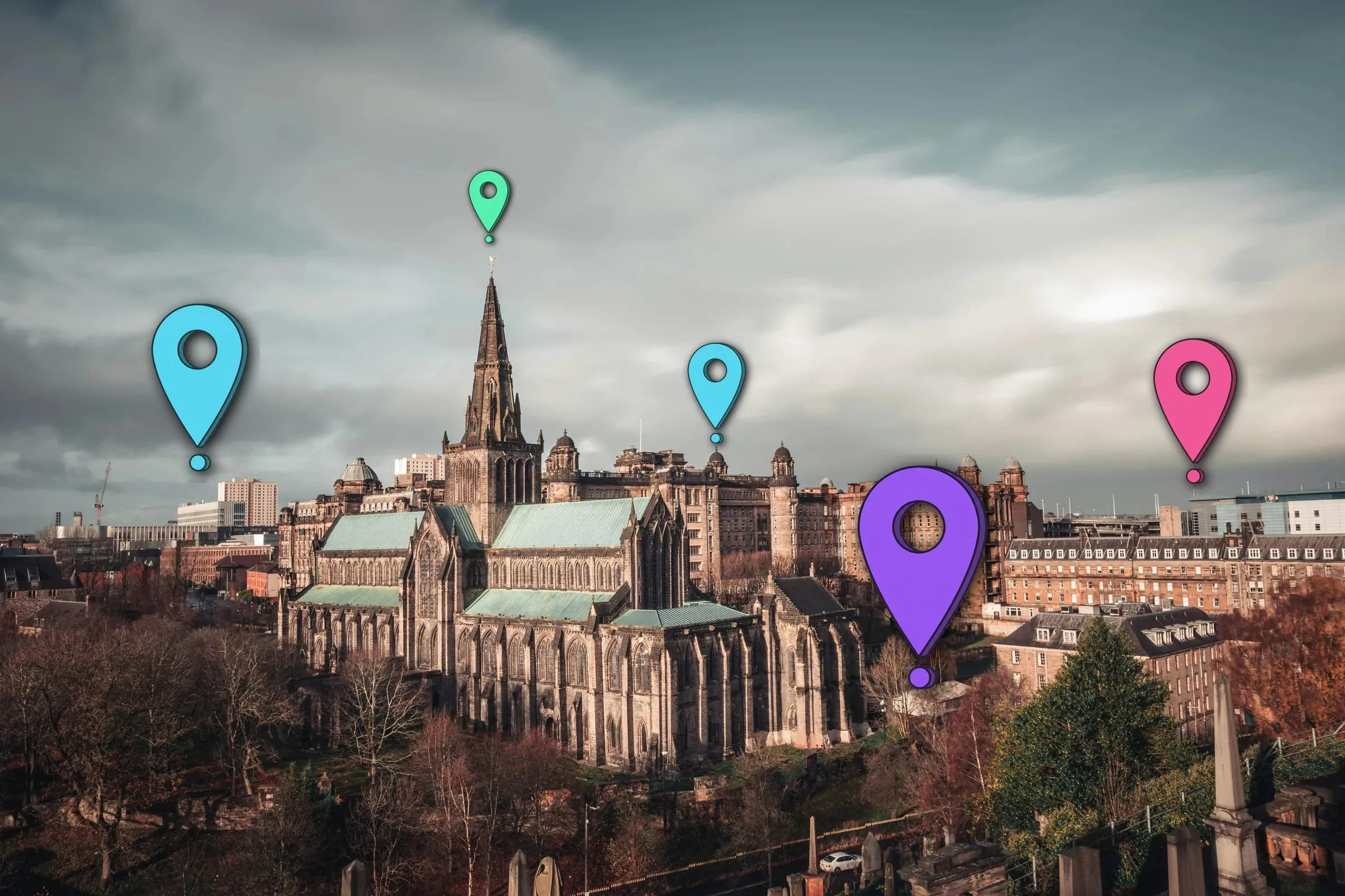 Same day courier Glasgow &mdash; Gophr courier destinations mapped across Glasgow Cathedral + Royal Infirmary